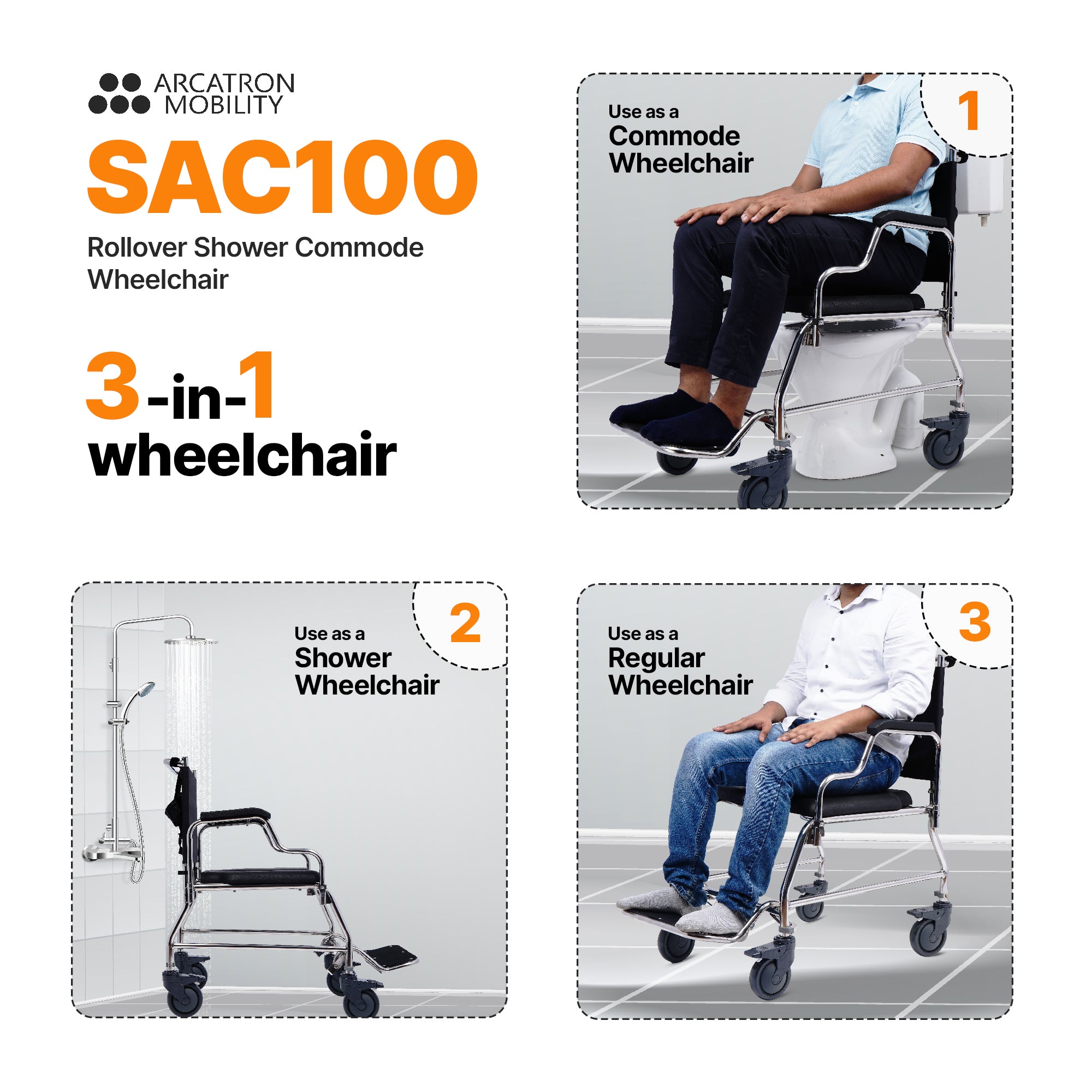 Arcatron Mobility SAC100 | Multipurpose Shower Commode Wheelchair